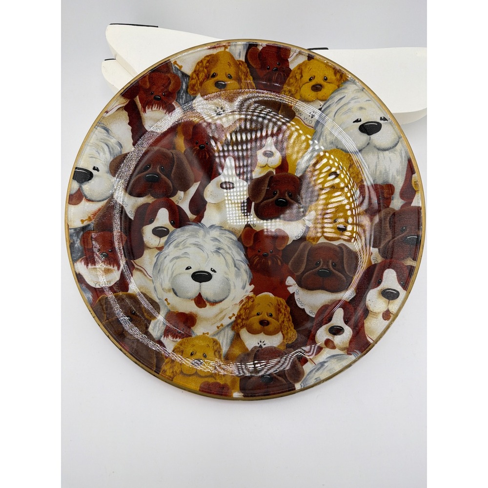 Vintage Dog Breed Collage Glass Plate Gold Rim 8 Inch